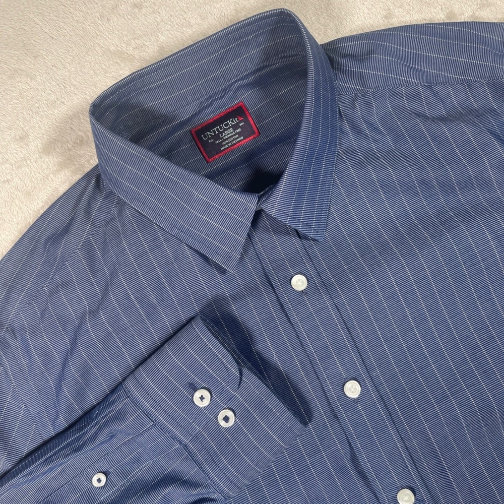 UNTUCKit Button Down Gifford WF Mens Large Tall Navy Blue Pinstripe Wrinkle Free